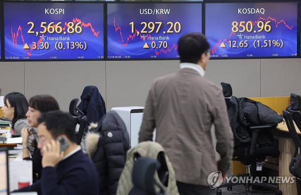 Screens show the Korea Composite Stock Price Index and dollar-won exchange rate in a trading room at a Hana Bank branch in central Seoul on Dec. 18, 2023. (Yonhap)