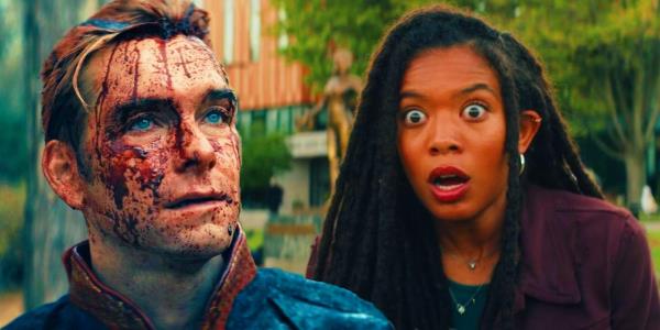 Homelander covered in blood in The Boys next to Marie looking shocked in Gen V