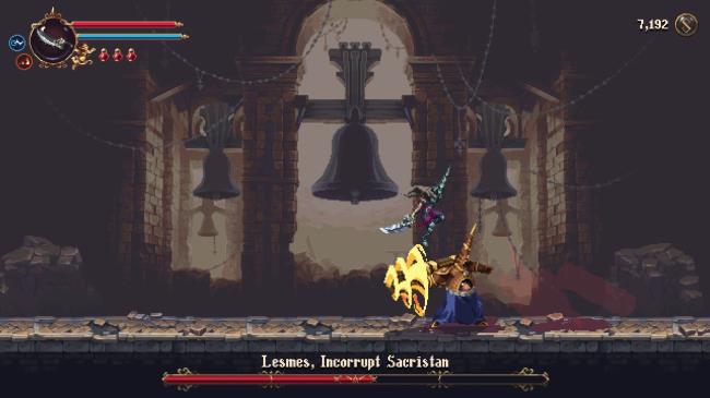 The Penitent One leaping over a Charged Strike from Lesmes, Incorrupt Sacristan, in Blasphemous 2