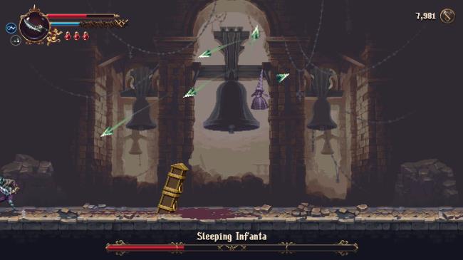 The Sleeping Infanta launching a barrage of Spikes at the Penitent One in Blasphemous 2