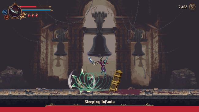 The Penitent One leaping over the Sleeping Infanta's Dashing Spike attack in Blasphemous 2