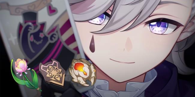 A shot of Genshin Impact's Lyney performing a magic trick with cards, his ascension materials are in the bottom left corner; a flower, an insignia, and a crab pincer.