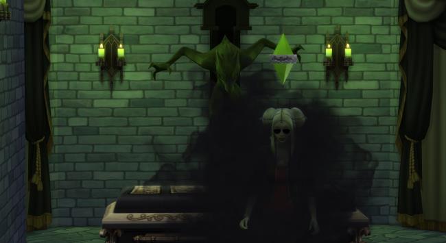 A vampire Sim emerges from black smoke