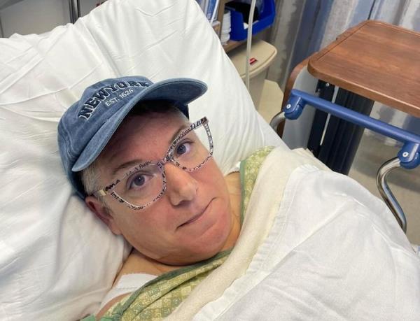 The author in the recovering room following her breast cancer surgery on March 28, 2023.