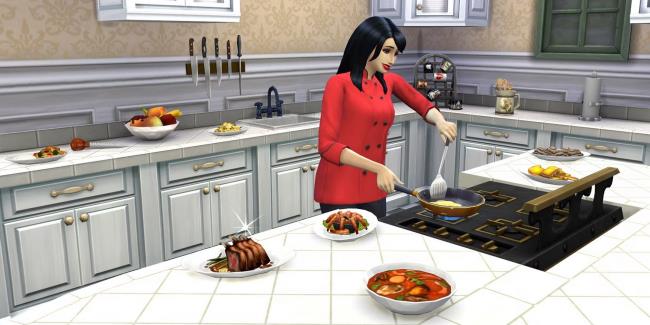 a sim at the stove making food, surrounded by a kitchen full of prepared meals for the culinary career track as one of the best careers in sims 4