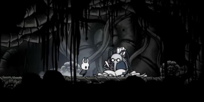 The Knight approaches Cornifer in the Ancient Basin in Hollow Knight.