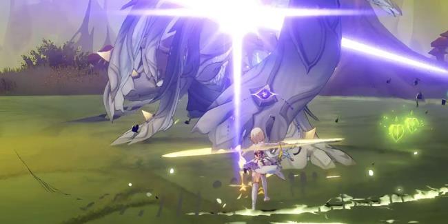 Lumine faces off against the Guardian of Apep's Oasis in Genshin Impact.