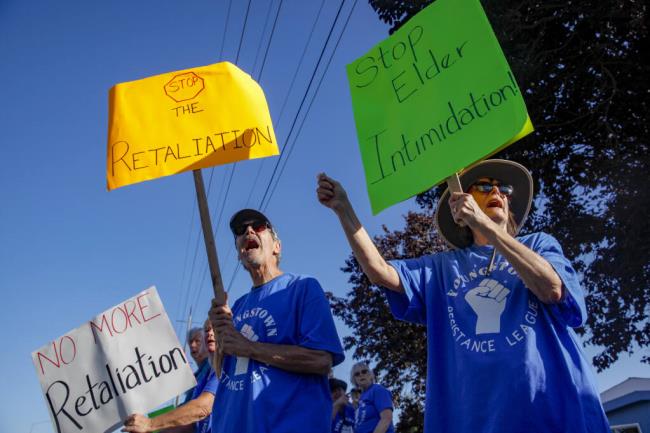 Rick and Linda Roberts of Novato came out to support Rick’s sister, Deborah Roberts, who lives at the Youngstown Mobile Home Park in Petaluma at a rally against the park’s owners who have threatened major changes including rent increases and possible closure._Tuesday, September 12, 2023._(CRISSY PASCUAL/ARGUS-COURIER STAFF)