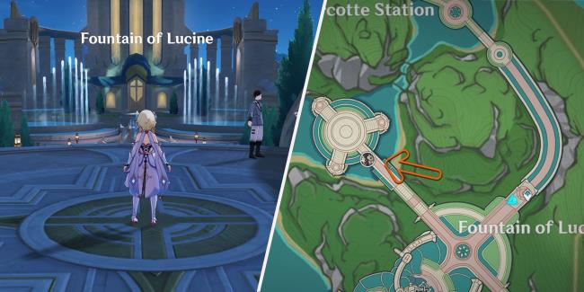 Lumine (female travelet) stands in front of the Fountain of Lucine. On the other half of the slanted image, a map of the area shows an arrow pointing towards the Icewind Suite boss