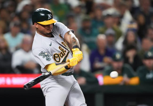 The A’s Jordan Diaz hits a single against the Mariners during the sixth inning Tuesday, Aug. 29, 2023, in Seattle. (Lindsey Wasson / ASSOCIATED PRESS)