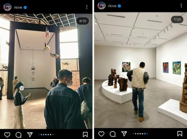 RM visits Philippe Parreno's exhibition at Leeum Museum of Art (L) and Kim Yun-shin's exhibition at Kukje Gallery (R) in the photos shared by the artist on his Instagram on March 31, 2024. (PHOTO NOT FOR SALE) (Yonhap)