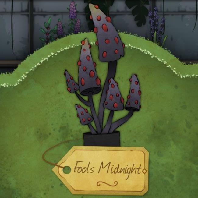 A a droopy, dark blue flower with protruding bright green pistils and leaves that resemble tentacles that curl upward called Lady of Summer in Strange Horticulture