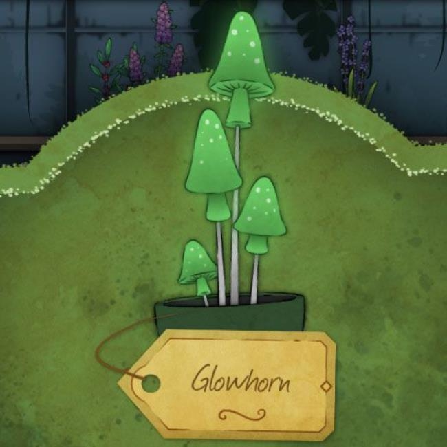 A long, green, glowy mushroom called Glowhorn in Strange Horticulture.