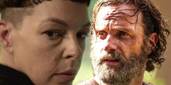 Jadis looking over her shoulder and Rick Grimes looking worried in The Walking Dead.