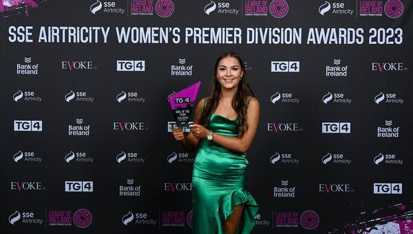 GOAL OF THE YEAR: Jodie Griffin of Galway United with the TG4 Goal of the Year award. Pic:  Stephen McCarthy/Sportsfile