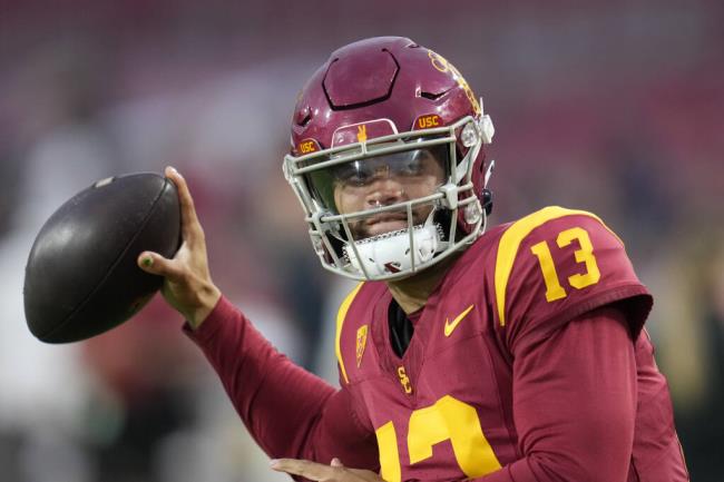 USC quarterback Caleb Williams warms up before a game against Stanford in Los Angeles, Saturday, Sept. 9, 2023. (Ashley Landis / ASSOCIATED PRESS)