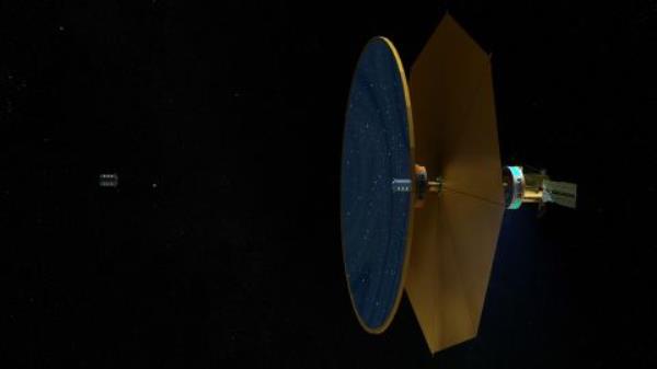 A telescope filled with fluid (right) and an instrumentation spacecraft (left) would work together to spy on invisible aspects of the universe.