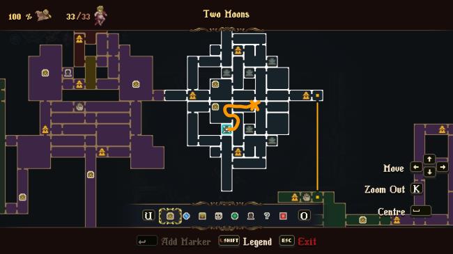 A diagram of the pathway you need to take to reach the area above the lift when attempting to obtain the fourth Fervent Kiss in the Two Moons Dungeon in Blasphemous 2. The Blue Square represents the starting point, with the Orange X representing your goal!
