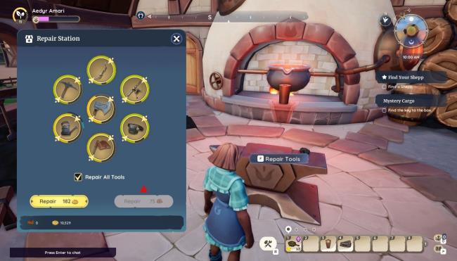 Player character repairing tools at Sifuu's Forge in Palia. 