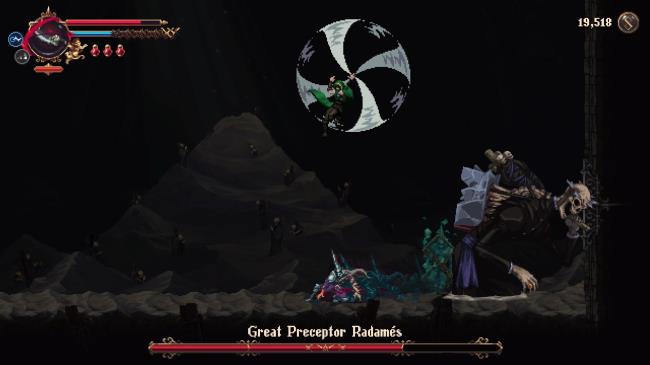 Yerma assisting the Penitent One during their battle with Great Preceptor Radames in Blasphemous 2