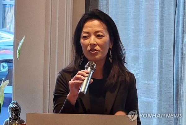 This photo, taken on March 13, 2024, shows U.S. Senior Official for North Korea Jung Pak speaking during a retirement celebration for her predecessor, Sung Kim, in Washington. (Yonhap)