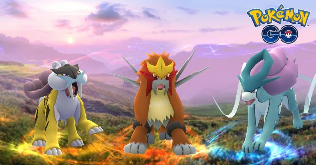 Raikou, Entei and Suicune next to eachother in an open field with the Pokemon Go logo above