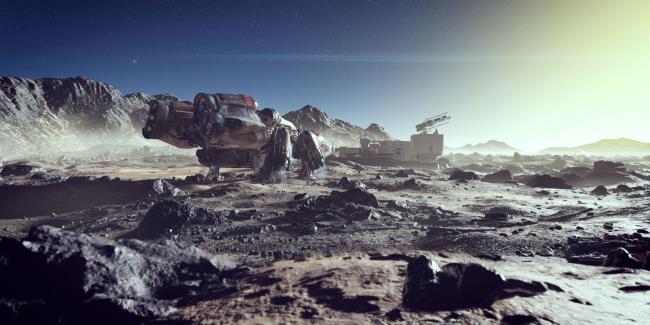 Starfield ship parked on a rocky planet