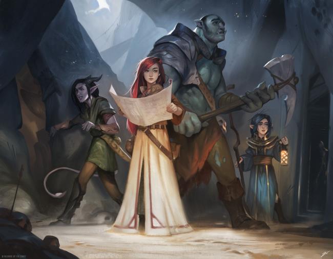 Four adventurers stand together in a dungeon.