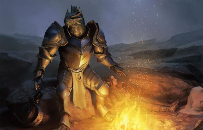 A dragonborn, by the fire, startled with a pot in their hand.