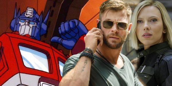 An image of Optimus Prime and Chris Hemsworth and Scarlett Johanson in Transformers One-1