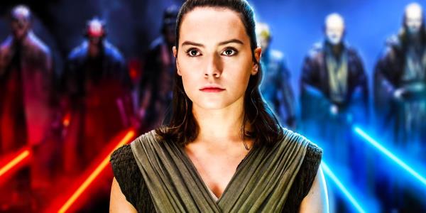 Rey in front of a row of Sith Lords and Jedi Knights.
