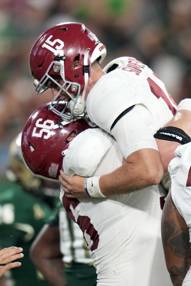 Alabama quarterback Ty Simpson (15) celebrates with offensive lineman Seth McLaughlin after scoring against South Florida during the second half of an NCAA college football game Saturday, Sept. 16, 2023, in Tampa, Fla. (AP Photo/Chris O'Meara)