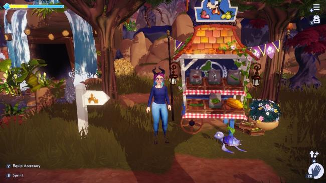 Disney Dreamlight Valley Sunlit Plateau stall showing seeds for sale, with an avatar standing to the left of the stall.