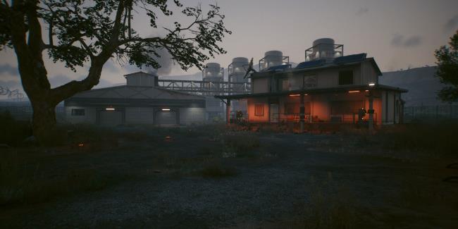 Edgewood Farm, with a barn, a house, several turrets and active mines in Cyberpunk 2077.