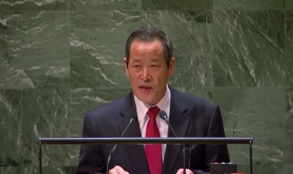 North Korean Ambassador to the U.N. Kim Song speaks during a plenary meeting of the U.N. General Assembly at U.N. headquarters in New York on April 11, 2024 in this photo captured from a livesteam on U.N. Web TV. (PHOTO NOT FOR SALE) (Yonhap)