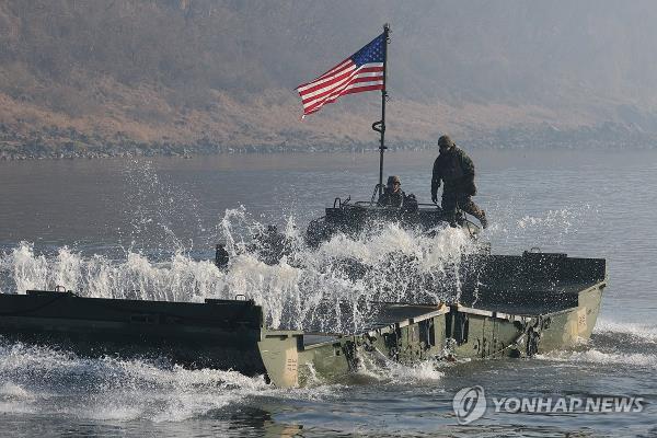 This file photo, taken March 20, 2024, shows a South Korea-U.S. river-crossing exercise underway in Yeoncheon, 61 kilometers north of Seoul. (Yonhap)