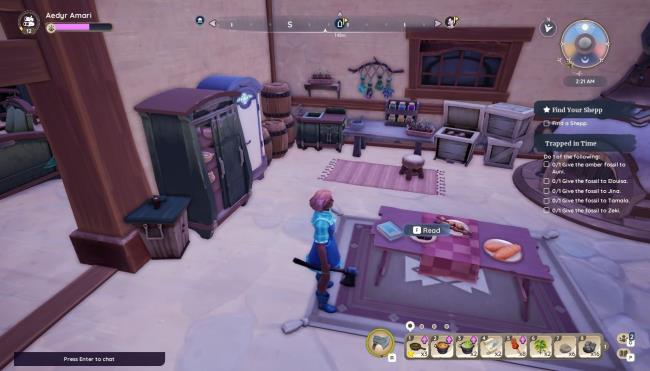 Player character standing next to Loaded Potato Soup recipe book in Hodari and Najuma's house in Bahari Bay in Palia.