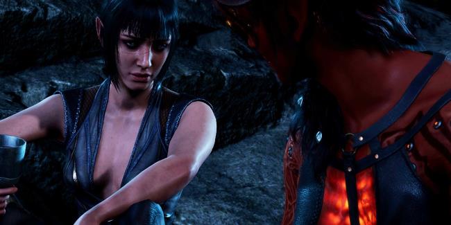 Baldur's Gate 3 Karlach and Shadowheart sharing a drink at camp