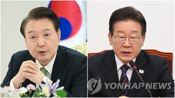 President Yoon Suk Yeol (L) and main opposition Democratic Party leader Lee Jae-myung (Yonhap)