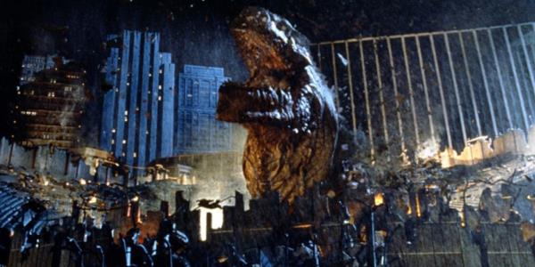 Godzilla's emerence from Madison Square Gardens in the '98 movie