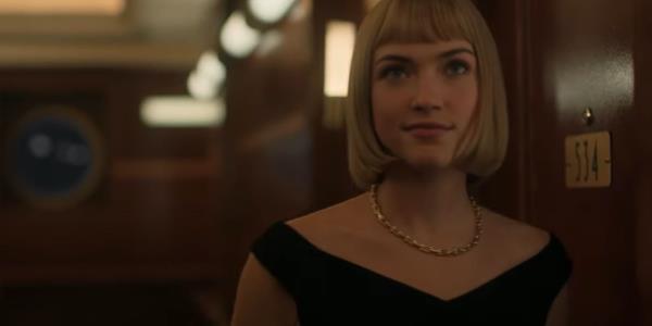 Violett Beane’s Imogenen outside the room of a ship in Death and Other Details