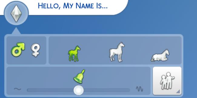 The Sims 4 identity menu showing a horse's age, gender, and voice options