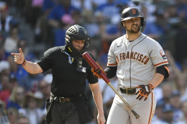 The Giants’ J.D. Davis reacts after striking out during the ninth inning against the Cubs, Wednesday, Sept. 6, 2023, in Chicago. (Paul Beaty / ASSOCIATED PRESS)
