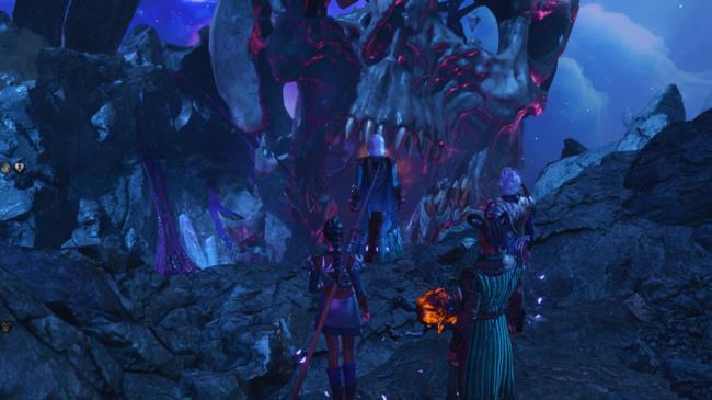 Baldur's Gate 3 - The party looking at the skull of a dead god in the Astral Plane