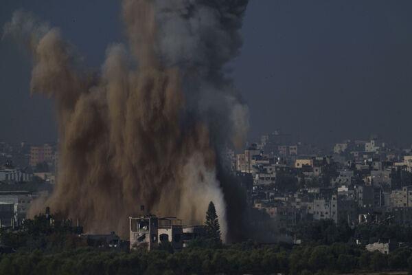 An Israeli airstrike in the Gaza Strip is seen from southern Israel. Picture: AP Photo/Leo Correa