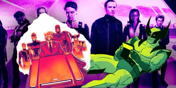 A collage from X-Men comics, Wolverine looking at a photo from the '90s cartoon, and the cast of X-Men: Apocalypse