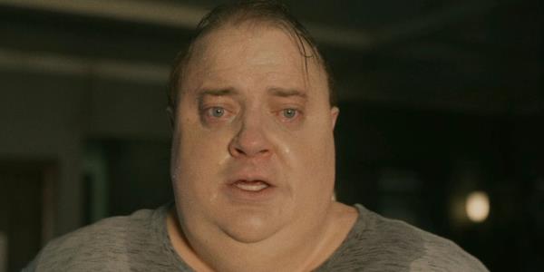 A close-up of a sweaty Brendan Fraser as Charlie in The Whale
