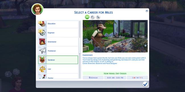 The career menu in The Sims 4 displaying the gardener career